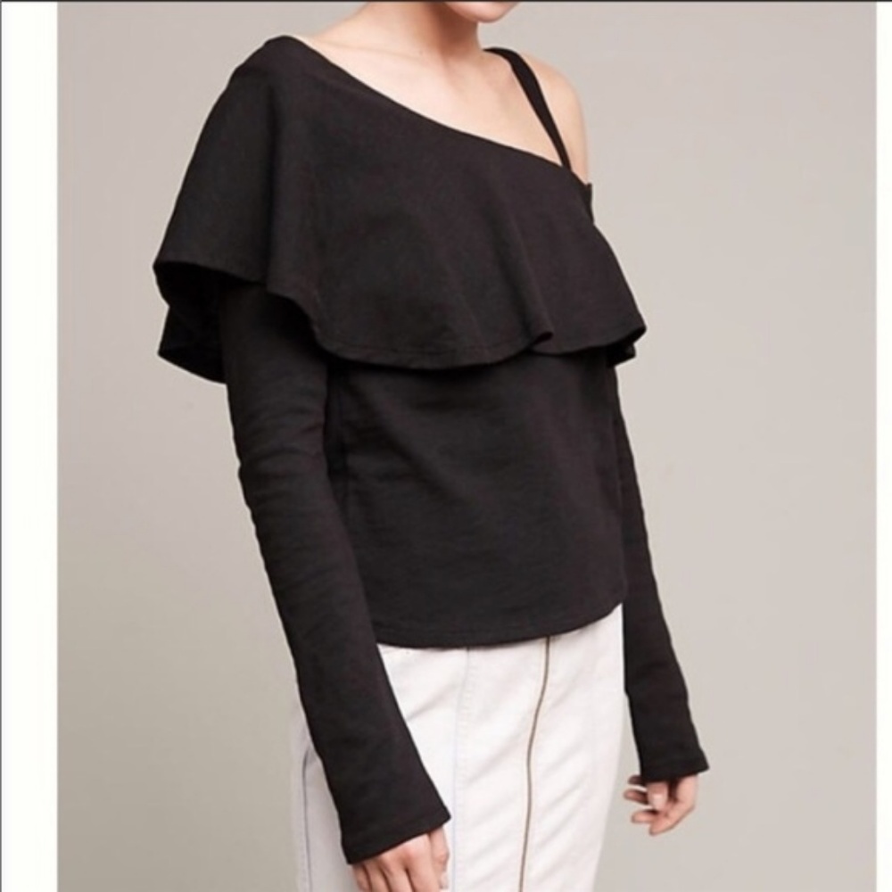 Anthropologie Black One-Shoulder Ruffle Long-Sleeve Top